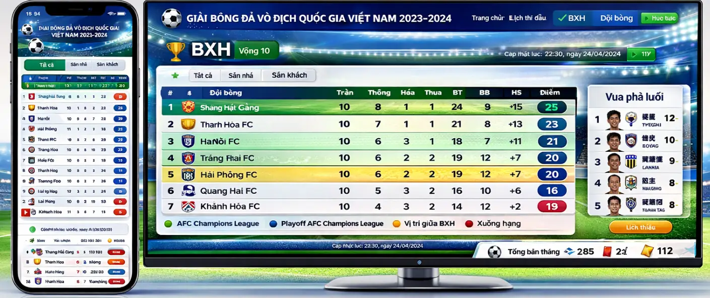Giao diện bảng xếp hạng hiển thị tốt trên điện thoại và máy tính