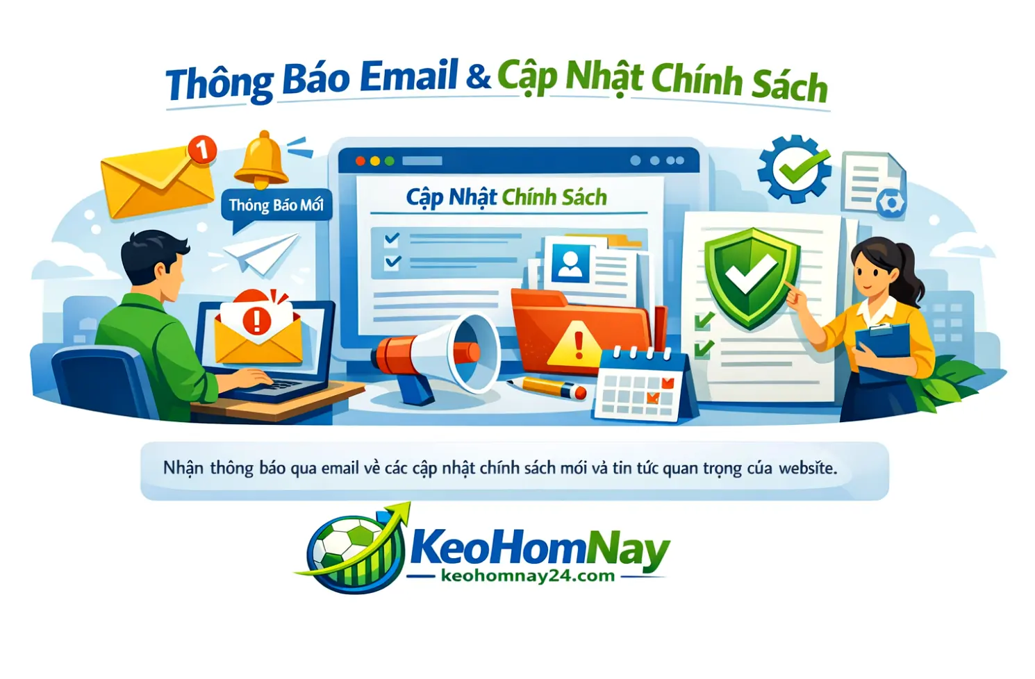 Minh họa email thông báo, cập nhật chính sách và đồng bộ dữ liệu hệ thống.